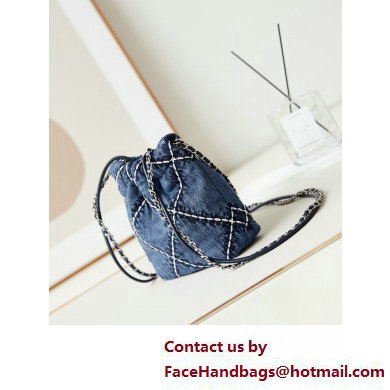 Chanel Stitched Denim  &  Silver-Tone Metal CHANEL 22 Mini Handbag AS3980 Blue